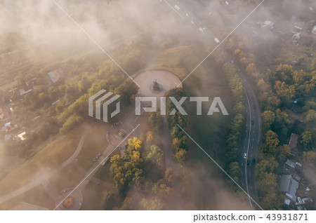 An incredibly beautiful misty morning over Vladimir. Aerial view of the observation deck in the fog 43931871