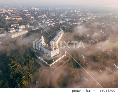 An incredibly beautiful misty morning over Vladimir. Aerial view on Assumption Cathedral in the fog 43931899