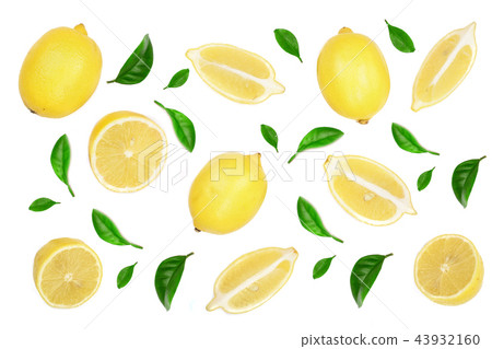 lemon with leaves and slices isolated on white background. Flat lay, top view 43932160