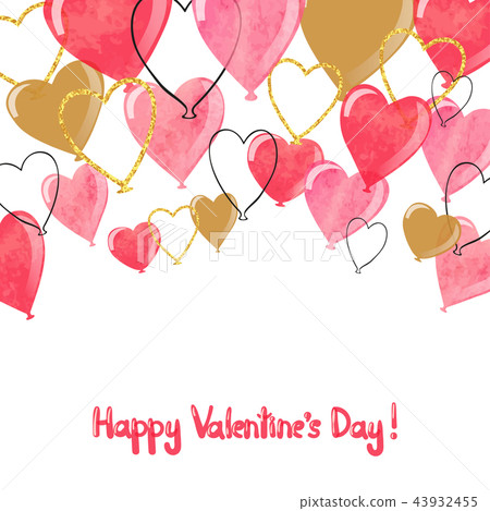 Valentine watercolor heart balloons border Valentine watercolor heart balloons border 43932455