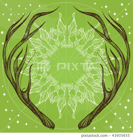Hand drawn deer antlers with decorative floral ornament. Vector illustration on green background. 43935655
