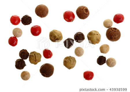 Mixed of peppers hot, red, black, white and green pepper isolated on white background. Top view Mixed of peppers hot, red, black, white and green pepper isolated on white background. Top view 43938599