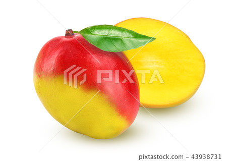 Mango fruit and half with leaf isolated on white background close-up 43938731