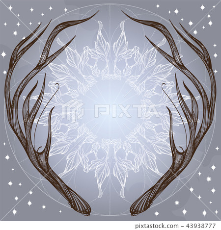Hand Drawn Deer Antlers With Decorative Floral Stock