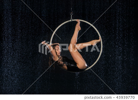 A young girl performs the acrobatic elements in the aerial hoop. Black Aqua Studio 43939770