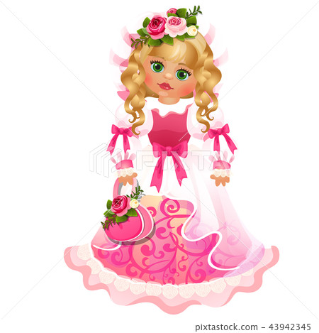 Cute doll green-eyed blonde girl with dress with pink ribbons and bows isolated on white background Cute doll green-eyed blonde girl with dress with pink ribbons and bows isolated on white background 43942345
