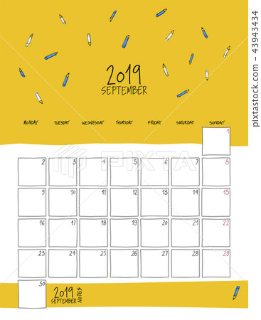 September 2019 wall calendar. Doodle style. September 2019 wall calendar. Doodle style. 43943434