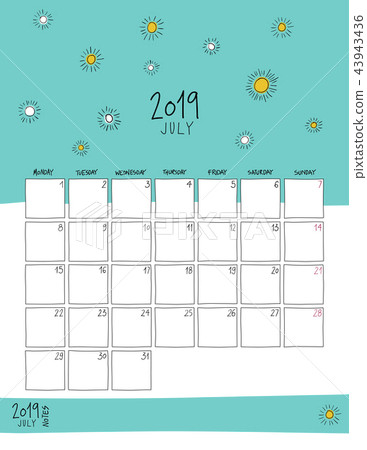 July 2019 wall calendar. Doodle style. July 2019 wall calendar. Doodle style. 43943436