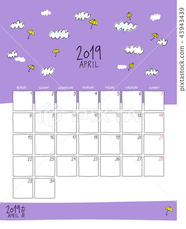 April 2019 wall calendar. Doodle style. 43943439