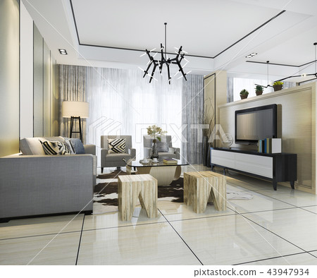 white modern classic living room with marble tile 43947934