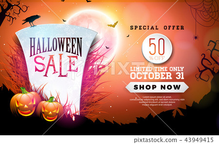 Halloween Sale banner illustration with tombstone, pumpkins, moon and flying bats on red night sky Halloween Sale banner illustration with tombstone, pumpkins, moon and flying bats on red night sky 43949415