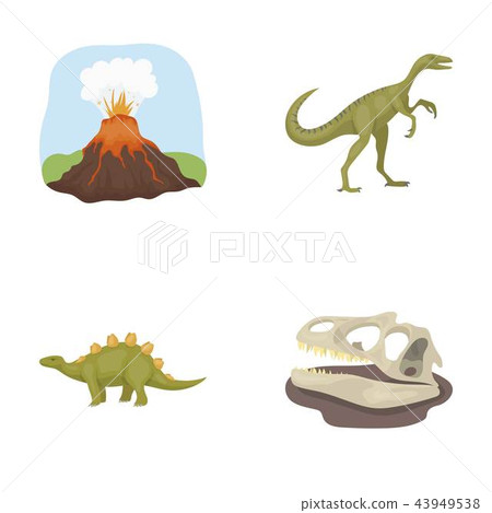 Volcanic eruption, gallimimus, stegosaurus,dinosaur skull. Dinosaur and prehistoric period set Volcanic eruption, gallimimus, stegosaurus,dinosaur skull. Dinosaur and prehistoric period set 43949538