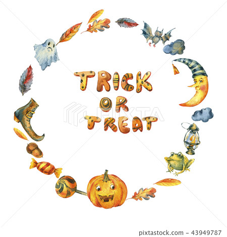 Watercolor Halloween party wreath isolated on white background Watercolor Halloween party wreath isolated on white background 43949787