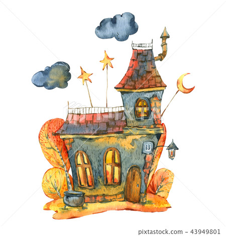 Watercolor Halloween illustration, Black old house,yellow leaves 43949801