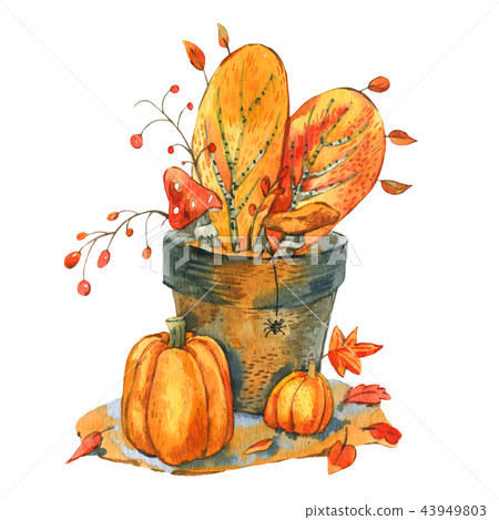 Fall watercolor greeting card with pumpkin,yellow leaves Fall watercolor greeting card with pumpkin,yellow leaves 43949803