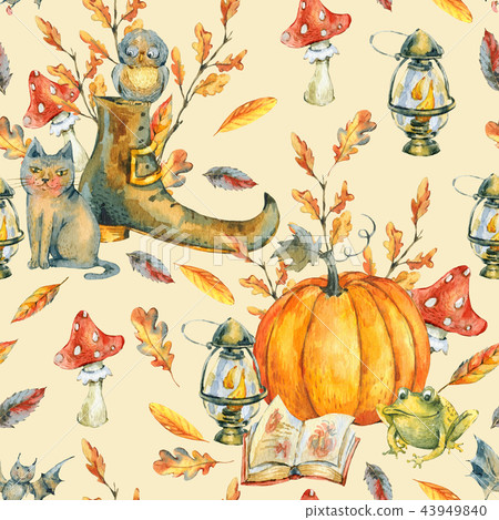 Watercolor Halloween seamless pattern on white background Watercolor Halloween seamless pattern on white background 43949840