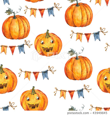 Watercolor Halloween party seamless pattern on white background Watercolor Halloween party seamless pattern on white background 43949845