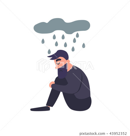 Sad man sits in the rain. Sadness dreary lonely... - Stock Illustration ...