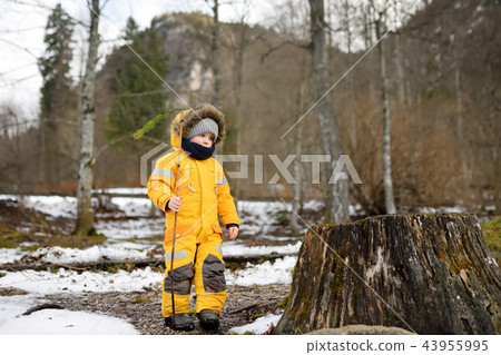 Little boy playing on nature incold day winter day Little boy playing on nature incold day winter day 43955995