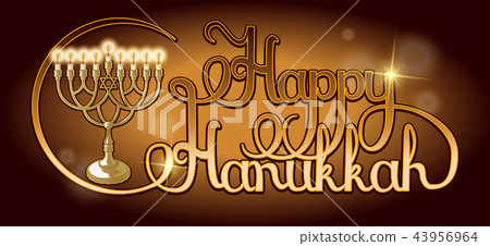 Vector Happy Hanukkah hand lettering. Festive poster, greeting card template with Menorah. 43956964