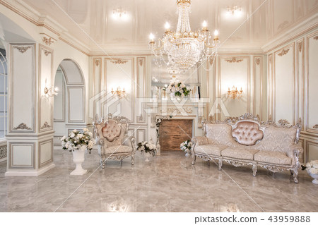 daylight in the interior and light of electric lamps. Morning in luxurious light interior in mansion daylight in the interior and light of electric lamps. Morning in luxurious light interior in mansion 43959888