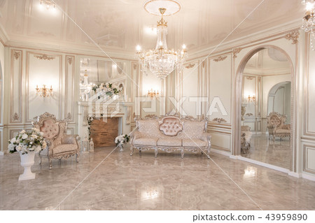 daylight in the interior and light of electric lamps. Morning in luxurious light interior in mansion daylight in the interior and light of electric lamps. Morning in luxurious light interior in mansion 43959890