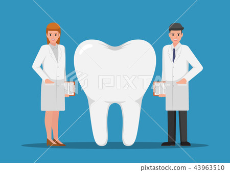 Male and female dentist standing with big tooth Male and female dentist standing with big tooth 43963510