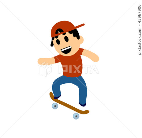Funny cartoon boy performing trick on skateboard. Flat vector illustration. Isolated on white Funny cartoon boy performing trick on skateboard. Flat vector illustration. Isolated on white 43967906