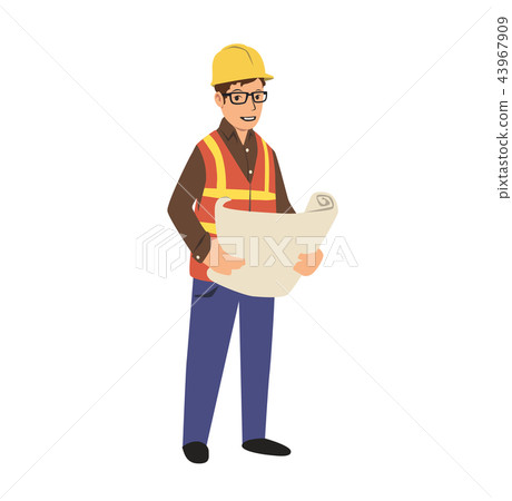 Young construction engineer in hard hat holding a blueprint. Flat vector illustration. Isolated on 43967909