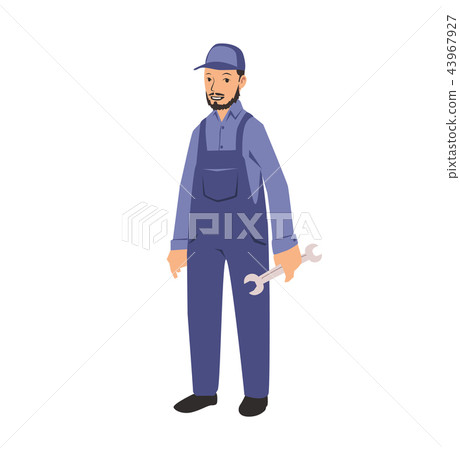 Mechanic service handyman worker man holding a spanner. Flat vector illustration. Isolated on white Mechanic service handyman worker man holding a spanner. Flat vector illustration. Isolated on white 43967927