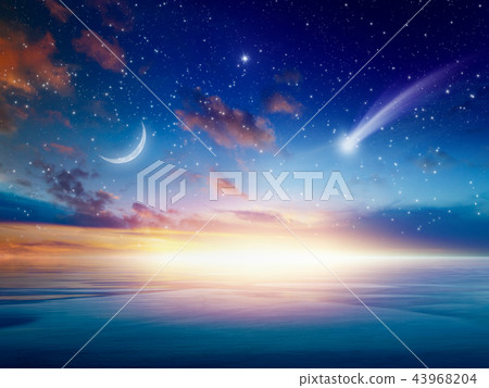 Falling comet, rising crescent moon and stars Falling comet, rising crescent moon and stars 43968204