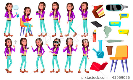 Teen Girl Poses Set Vector. Cute, Comic. Joy. Smoking Cannabis. VR Glasses. For Postcard Teen Girl Poses Set Vector. Cute, Comic. Joy. Smoking Cannabis. VR Glasses. For Postcard 43969036