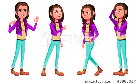 Teen Girl Poses Set Vector. Fun, Cheerful. For Web, Poster, Booklet Design. Isolated Cartoon Teen Girl Poses Set Vector. Fun, Cheerful. For Web, Poster, Booklet Design. Isolated Cartoon 43969037