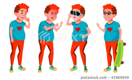 Teen Boy Poses Set Vector. Red Head. VR Glasses. Fat Gamer. Positive Person. For Postcard, Cover 43969049
