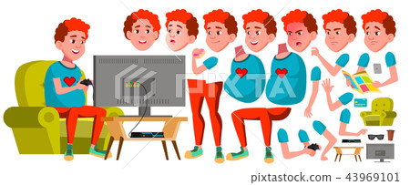Teen Boy Vector. Animation Creation Set. Face Emotions, Gestures. Fun, Cheerful. Red Head. Fat Gamer 43969101