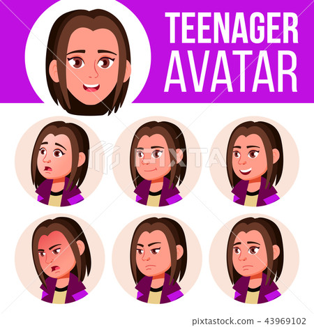 Teen Girl Avatar Set Vector. Face Emotions. Head, Icon. Childish, Happiness Enjoyment. Cartoon Head 43969102