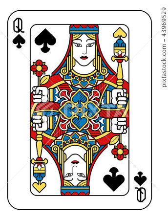 圖庫插圖: playing card queen of spades yellow red blue black