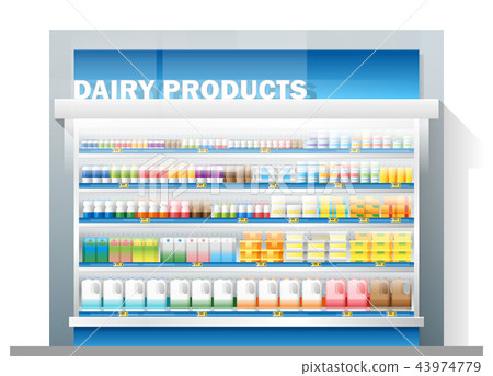 Dairy products display on shelf in supermarket 43974779