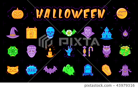 Halloween icon set. Isolated colorful Halloween symbols on a black background, Vector 43979316