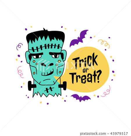 Halloween greeting card, Trick or Treat inscription. Hand drawn Doodle icons - Zombie, frankenstein 43979317