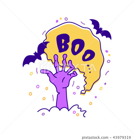 Halloween greeting card Boo lettering. Hand drawn Doodle icons - Hand from the grave, bats, bubble Halloween greeting card Boo lettering. Hand drawn Doodle icons - Hand from the grave, bats, bubble 43979319