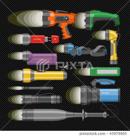 Flashlight vector flash-light lighting with spotlight or flashing light lamp illustration set of