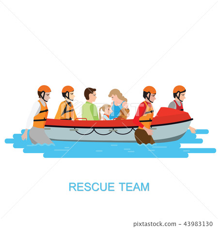 Boat rescue team helping people by pushing a boat Boat rescue team helping people by pushing a boat 43983130