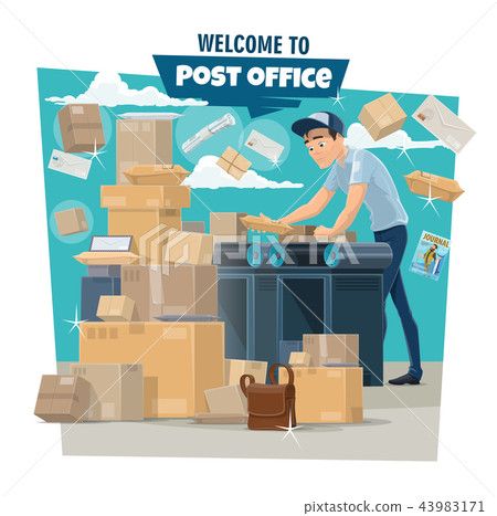 Postman sorting mail and parcels at post office Postman sorting mail and parcels at post office 43983171