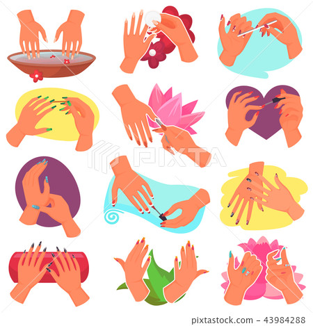 Manicure vector manicured hands and manicuring fingernails with nail file by manicurist in nail bar 43984288