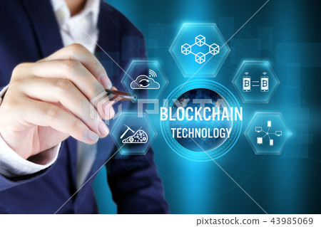 Businessman pointing blockchain icon 43985069