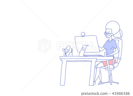 businesswoman using computer sit office desk workplace woman boss drinking coffee working process 43986386