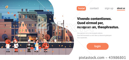 kids wearing monsters costumes walking night town holiday concept cityscape background tricks or kids wearing monsters costumes walking night town holiday concept cityscape background tricks or 43986801