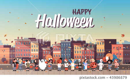 kids wearing monsters costumes walking town holiday concept cityscape background tricks or treat 43986879