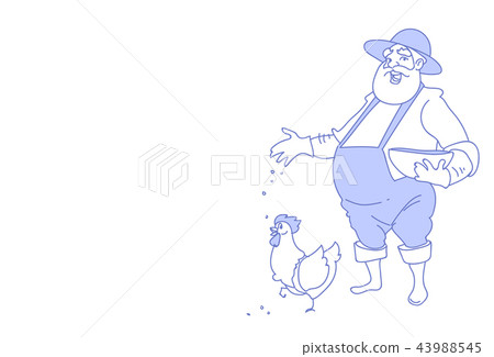 Farmer man feed chicken breeding hen for food farm sketch doodle horizontal 43988545